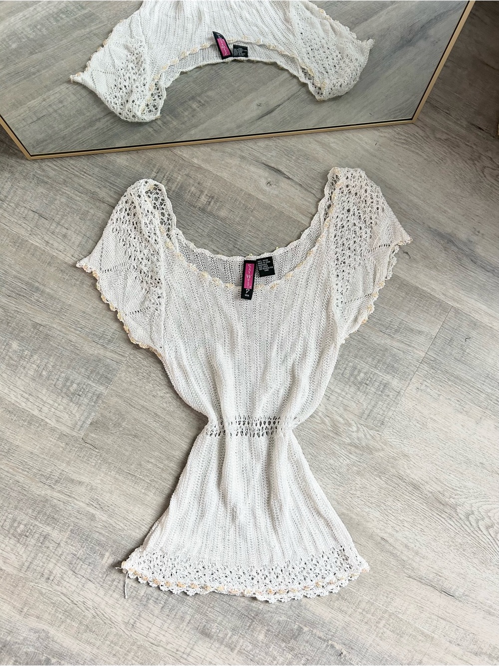 Vintage Say What? White Pointelle Crochet Knit Coquette Top - Size L